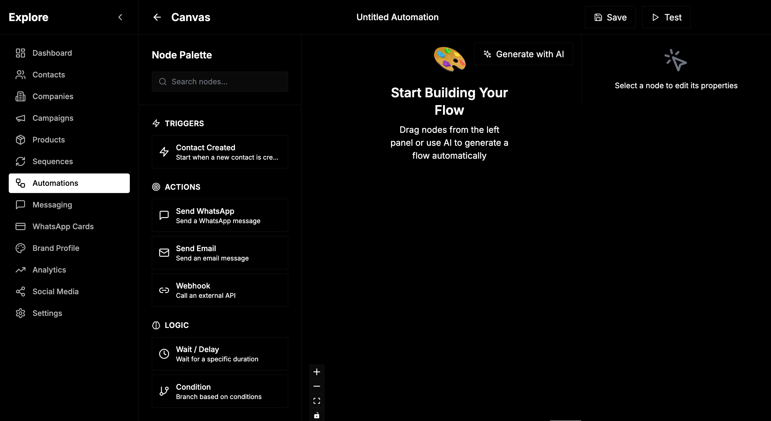 Automations — node canvas with triggers, actions, logic, and AI-assisted flow generation.