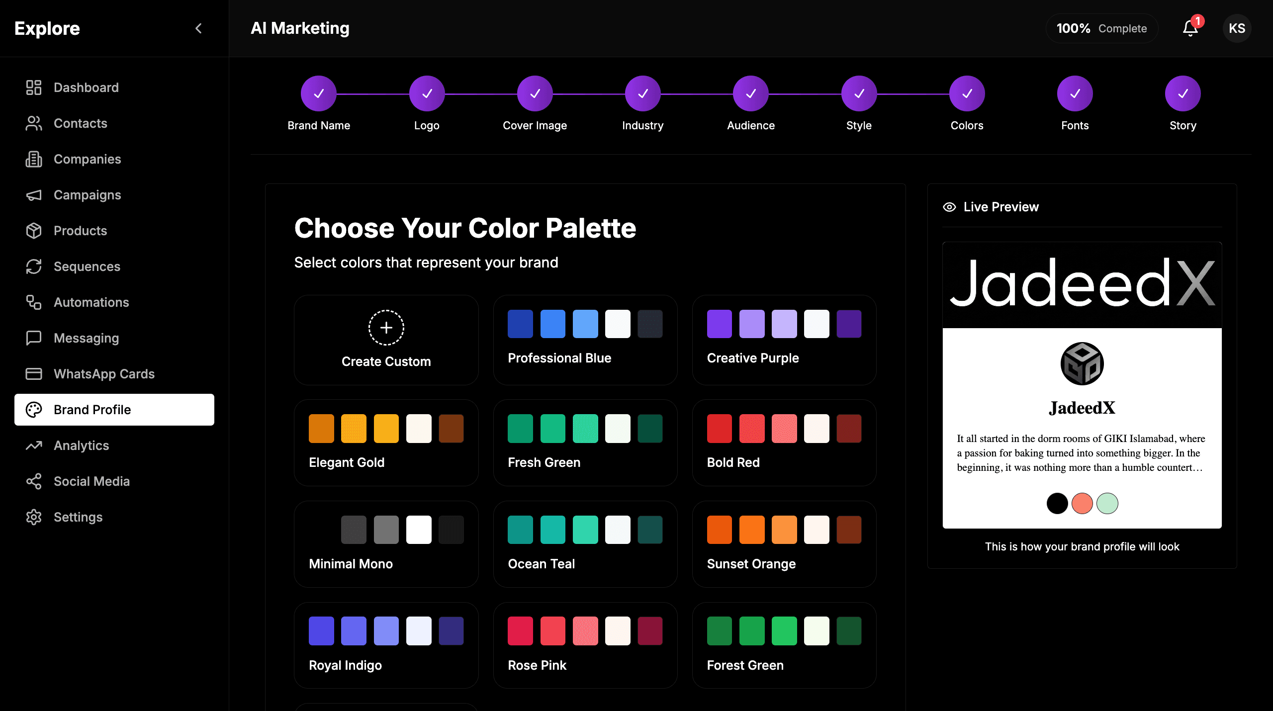 Brand Profile — guided setup with palettes, typography, and live preview of the digital identity.