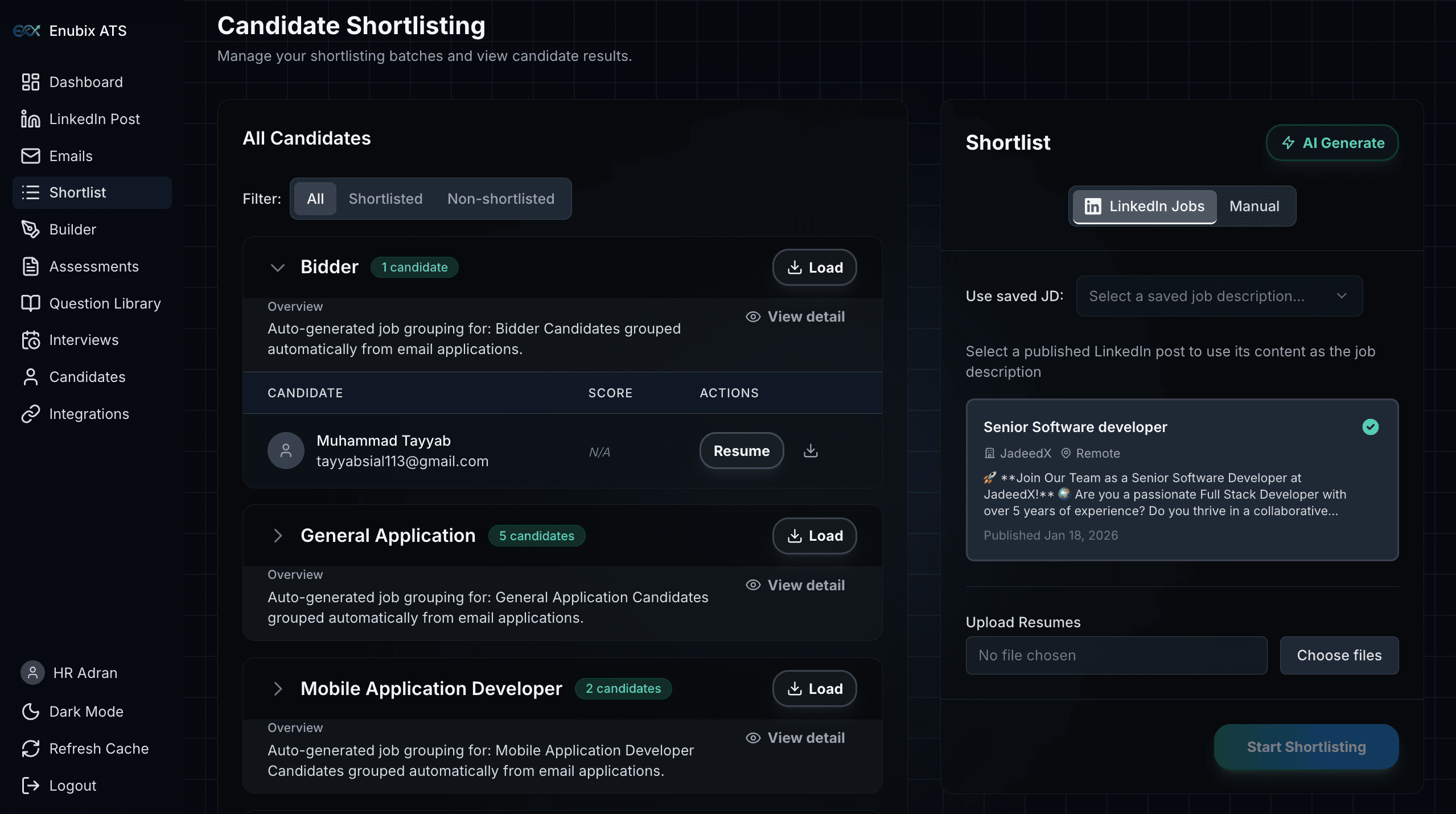 Candidate shortlisting with AI-assisted batches, job matching, and resume uploads.