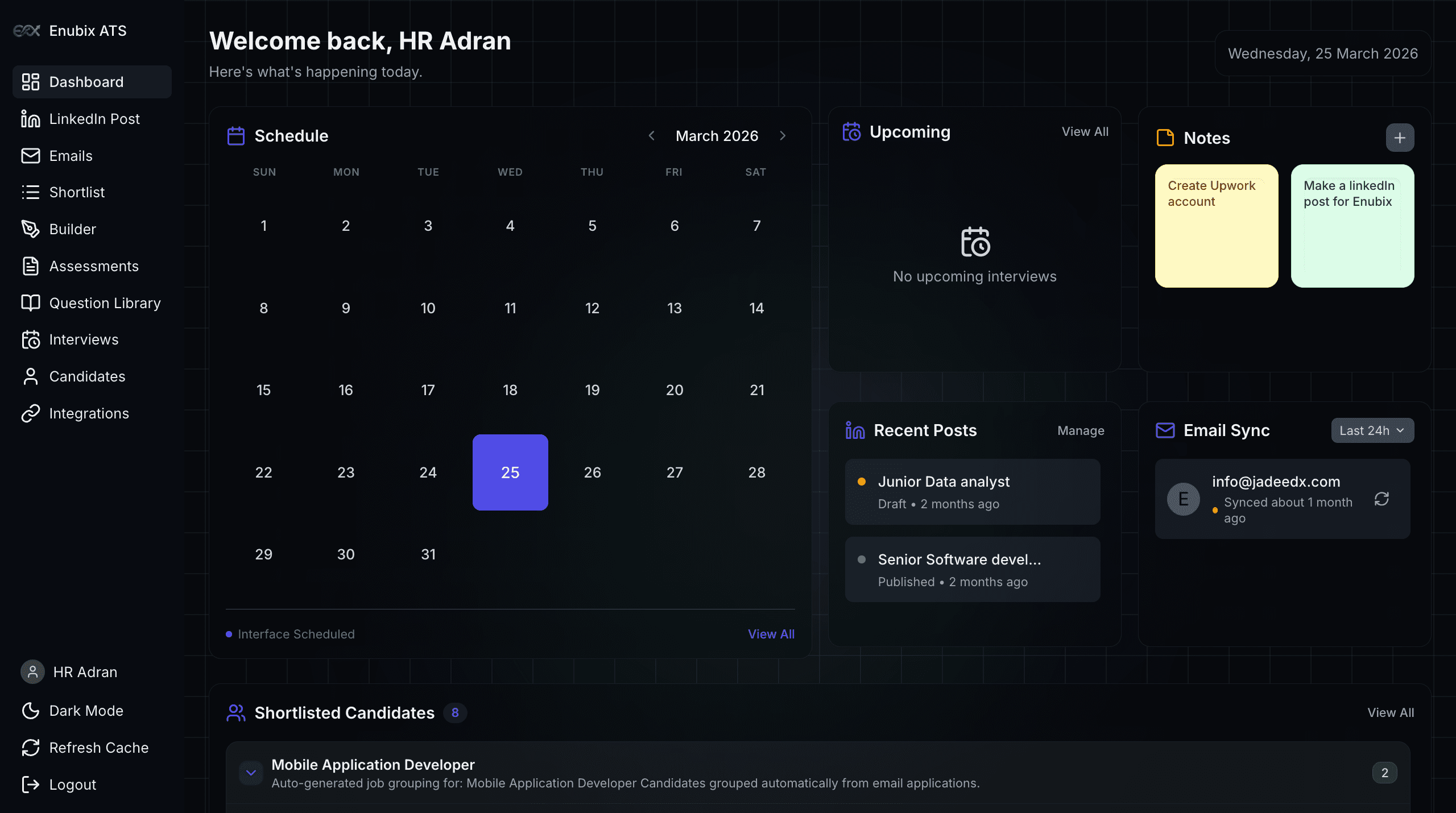 Recruiter dashboard with schedule, notes, email sync, and pipeline snapshot.