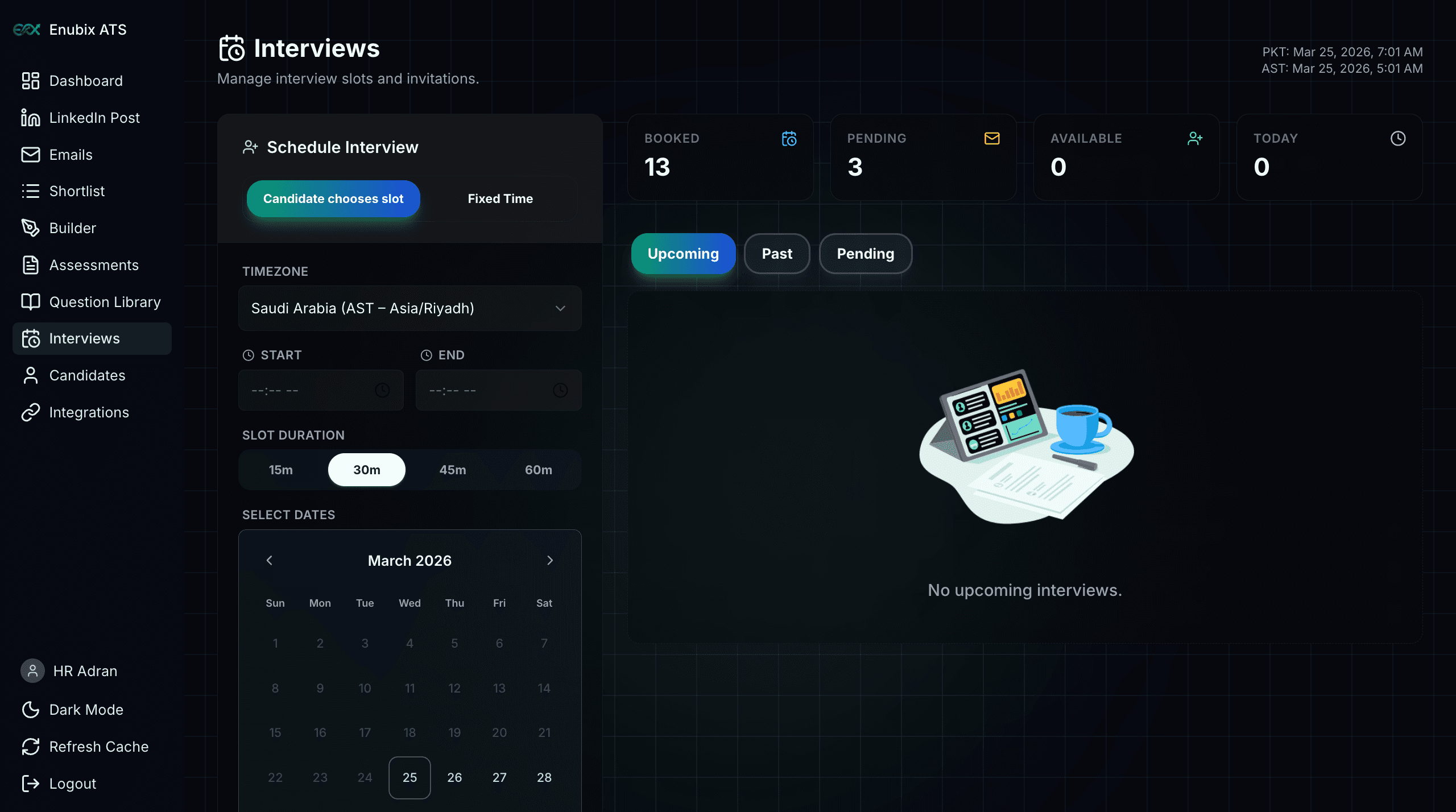 Interview scheduling with slots, timezones, and upcoming interview management.