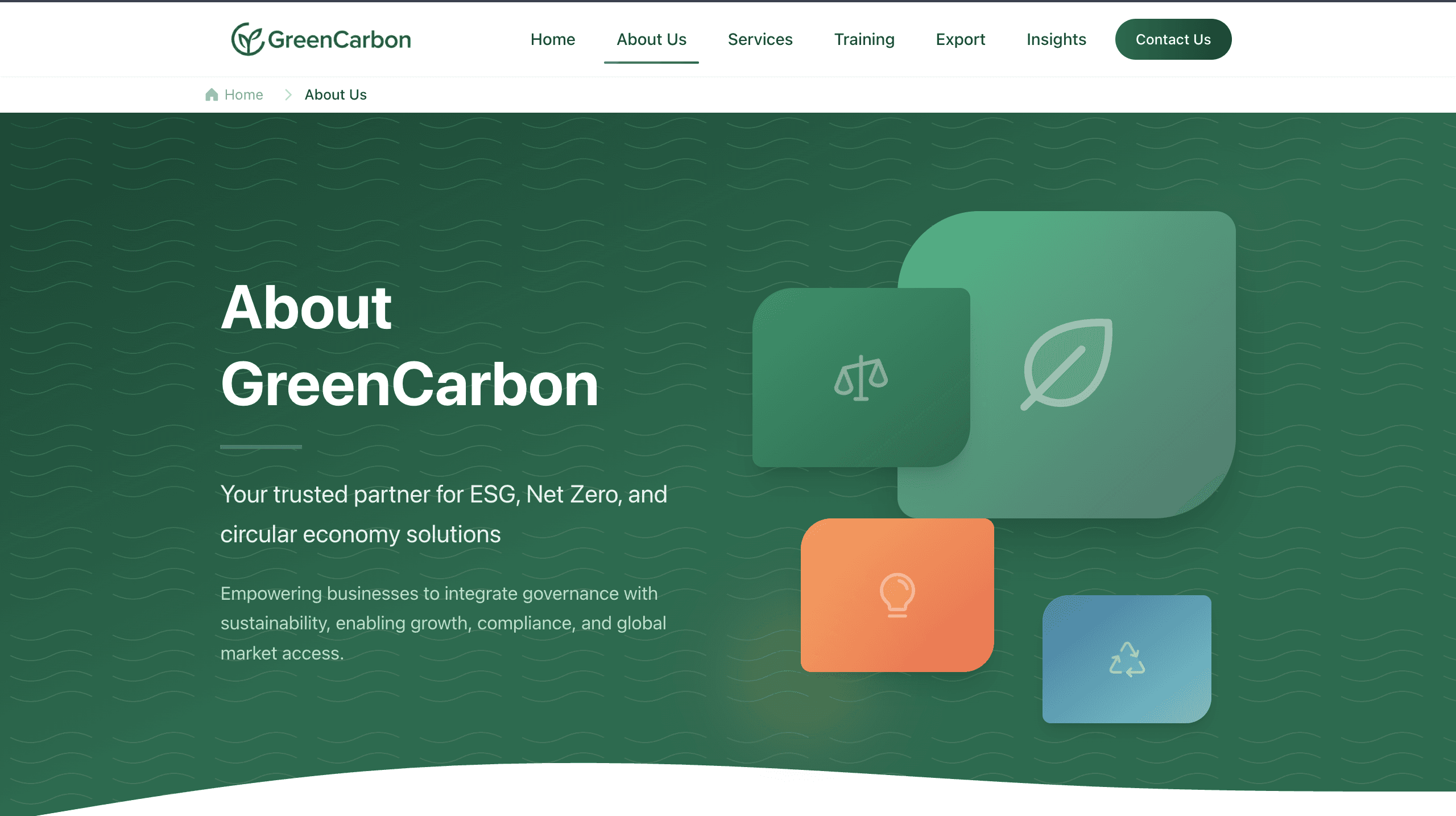 About Us — mission, trusted-partner messaging, and visual pillars for ESG, Net Zero, and circular economy.