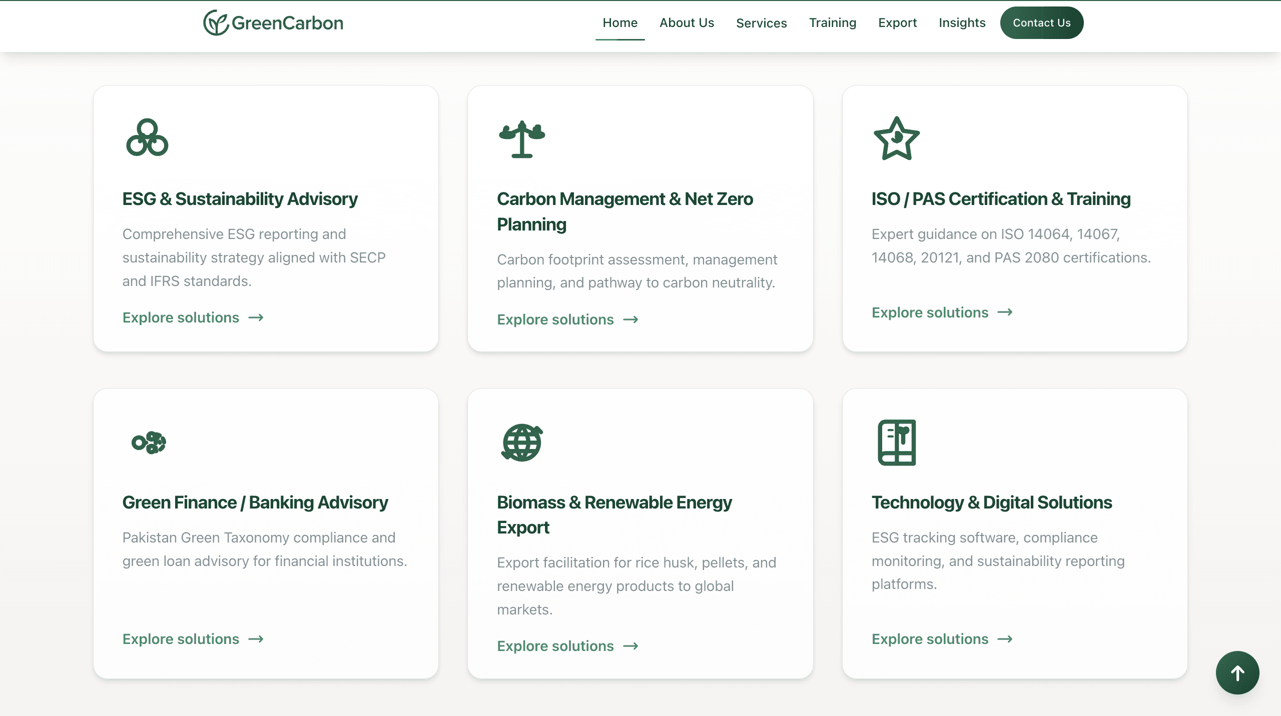 Services — grid of six offerings from ESG advisory and carbon management to green finance, biomass export, and digital solutions.