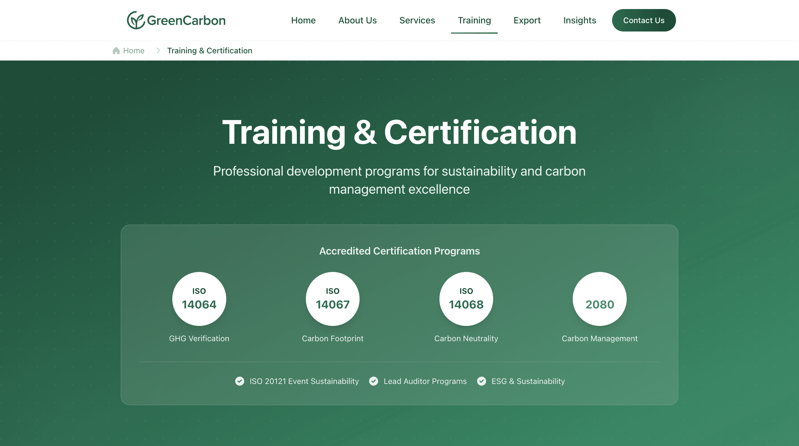 Training & Certification — accredited programs including ISO 14064, 14067, 14068, and sustainability leadership tracks.