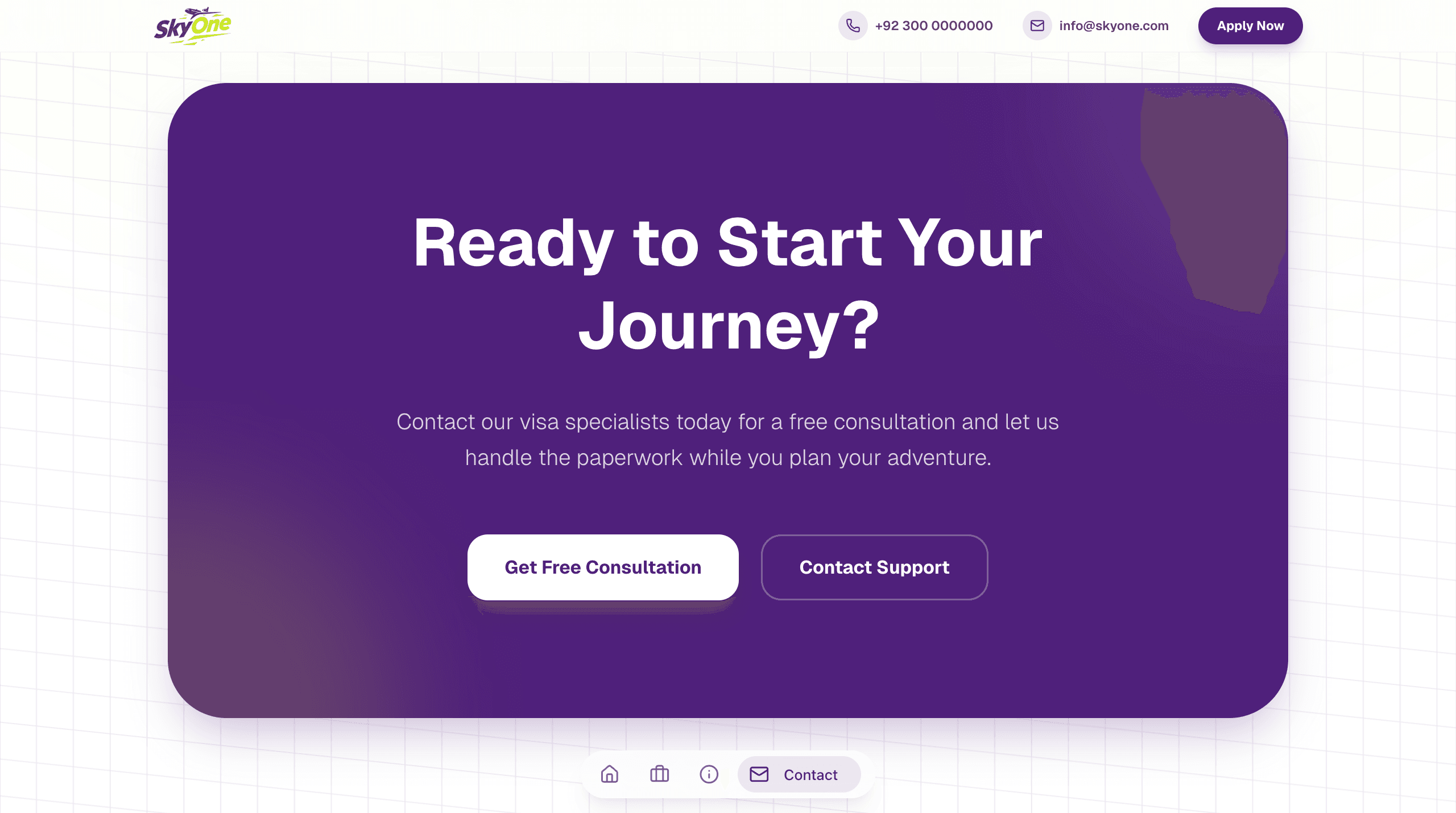 Contact — consultation and support CTAs (buttons not wired to mailto or APIs in the repository).