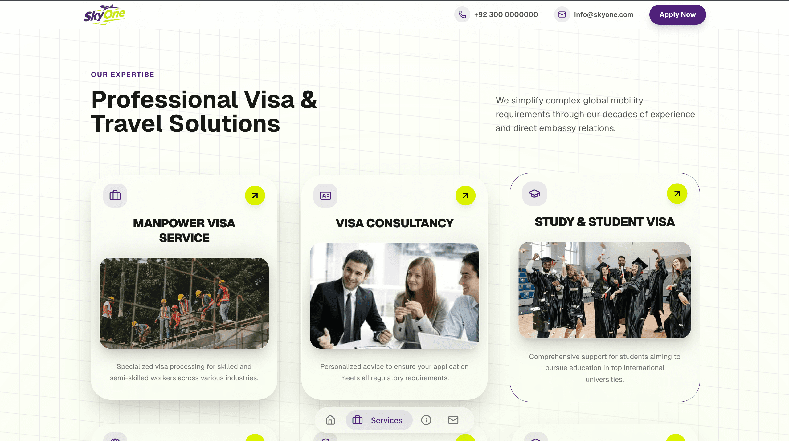 Services / Our Expertise — grid of visa, mobility, manpower, spiritual travel, and related service lines.